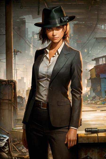 1girl, (noir detective:1.2), tan skin, (fancy suit:1.1), fedora, smirk, (ultra detailed face and eyes:1.1), (album art:1.1), slum cyberpunk, frown, (slum old garage:1.1), (artpunk:1.0), unique pose, (trigun:1.1), (masterpiece:1.1), best quality, run-down, ultra high detail, (by antoine blanchard and casey baugh:1.1), (by zdzislaw beksinski:0.8), extremely intricate, extreme detail, raytracing, reflections, beautiful lighting, harsh lighting, watercolor, High Saturation Clarity Contrast, deep levels, sharp, retouched, color graded, soft lighting