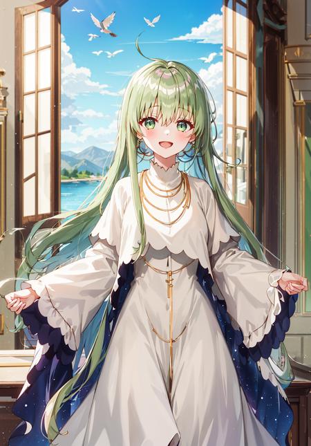 1girl, Cecilia, :d, bangs, bird, blue_sky, blush, day, dress, eyebrows_visible_through_hair, frills, hair_between_eyes, jewelry, long_hair, long_sleeves, necklace, open_mouth, sky, smile, solo, standing, very_long_hair, white_dress, wide_sleeves, window <lora:chara_Cecilia:0.7>