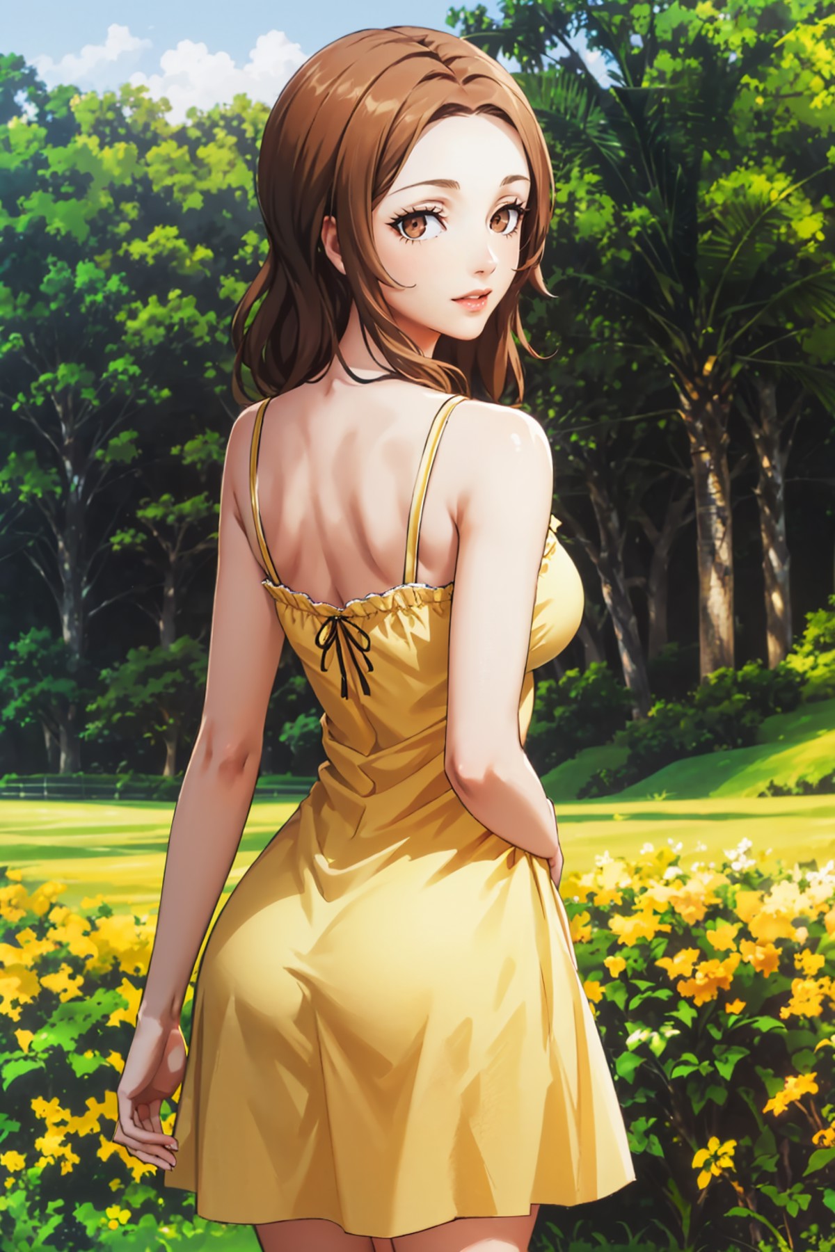 masterpiece, best quality, 1girl, solo, looking at viewer, large breasts, <lora:nkp4-guy-v2:.95>, nkp4, yellow sundress, f...