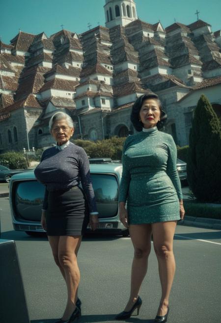ultra realistic (full body in frame)
 faded film, desaturated, 35mm photo, grainy, vignette, vintage, Kodachrome, Lomography, stained, highly detailed, found footage
 beautiful elderly (40yo, gorgeous Filipino BImbo women wearing   slutty miniskirt )
In a large church parking lot, 
Create an illustration of a person standing (facing a large crowd of women), ((their eyes transformed into swirling  ((((glowing pulsating))) spirals))) as they stare intently at the television screen. The TV is broadcasting a mesmerizing pattern of colors and shapes, and the person's gaze is fixed on it, their pupils dilating and contracting in a hypnotic rhythm. Their skin is pale and clammy, with a faint sheen of sweat on their forehead. The parking lot of packed full of beautiful women, with shadows cast by the flickering light of the TV. The overall atmosphere is one of assimilation, trance-like fascination, as if the person is under the TV's hypnotic control.
BREAK (evil smile:1.4)
(thick thighs:1.8) (perfect breasts:2.0)