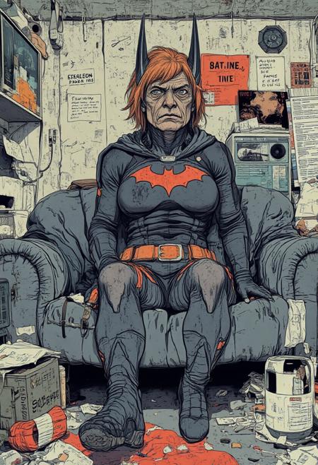 Surreal anime illustration of old superhero BatGirl in her late 70s. Hair is untidy, badly dyed and unwashed. She is fat, overweight, sagging breasts, fleshy fat stomach. outfit is too tight, too short. heels. wrinkled face. smeared heavy makeup. Sat sad and drunk on a sofa in a rundown dirty motel with her legs apart. film camera, packets of cigarettes, and whisky bottles lie around the room.