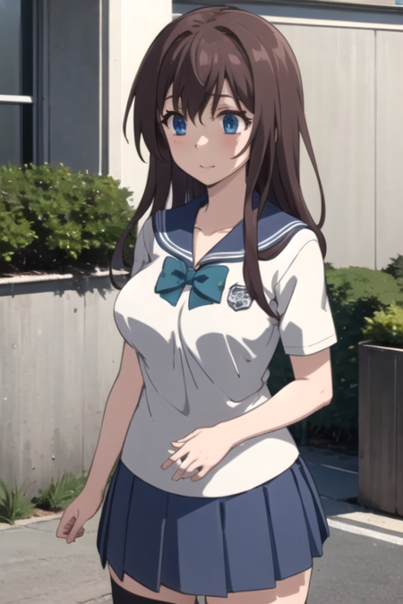 NatsukoHonda, 1girl, solo, long hair, blue eyes, pleated skirt, large breasts, brown hair, shirt, black thighhighs, bow, school uniform, short sleeves, serafuku, blue skirt, 