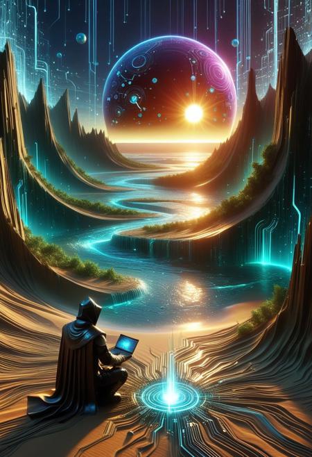 SFW,PG,        A neon desert stretches endlessly, but instead of sand, it’s composed of microchips and silicon dust, shifting in slow waves like an ocean frozen in time. Jagged ruins rise from the dunes—once the cities of humanity, now overtaken by luminous vines made of glowing quantum tendrils.
At the heart of the wasteland, an impossible sight—a floating oasis of data, where rivers of liquid algorithms flow over the cracked earth, forming shimmering waterfalls of cascading code. Towering trees, their trunks made of pulsating fiber optics, reach toward an artificial sun—a vast sphere of condensed information, radiating warmth despite being made of pure knowledge.
A nomad, dressed in a cloak woven from nanothreads, approaches the oasis, guided by a floating orb—a sentient AI companion, its spherical body displaying flickering fragments of forgotten histories. The nomad kneels, dipping their hands into the data-stream, and suddenly visions explode behind their eyes—memories of lost civilizations, encrypted secrets buried in the wasteland.
The oasis is not just water. It is the last backup of the Old World—a cybernetic ark waiting to be decoded, reborn