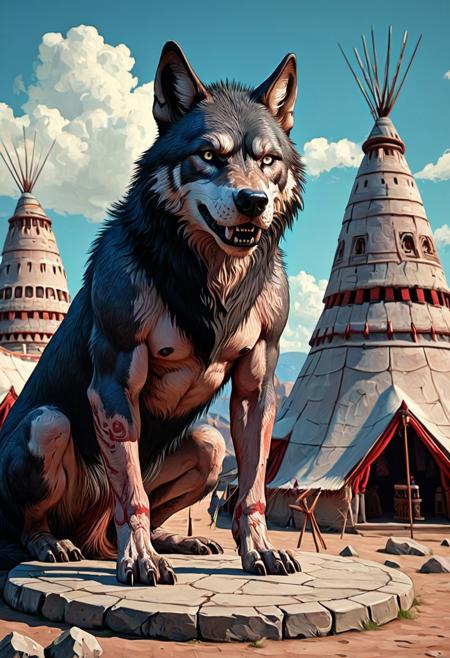 ((Animation Movie style:1.3)), ((cartoon style:1.2)), (low saturation:1.5), (muted colors:1.4), (soft pastel palette:1.3), (dreamlike atmosphere:1.2), (gentle lighting), (painterly texture), (clean lines), (smooth shading), (highly aesthetic), (best quality), (high resolution), (masterpiece)((Animation Movie style:1.3)), ((cartoon style:1.2)), (low saturation:1.5), (muted colors:1.4), (soft pastel palette:1.3), (dreamlike atmosphere:1.2), (gentle lighting), (painterly texture), (clean lines), (smooth shading), (highly aesthetic), (best quality), (high resolution), (masterpiece)
(stony pestel, stone prairie, no trees, no wood, Indian settlement, tents made of animal skins, in the center of the settlement there are tall round, polished stone totems made of black obsidian stone, 1 "wolf", 2 "skull", 3 "dragon". The inhabitants of the village are red-skinned werewolf Indians with visible signs on their bodies of wolves, fur, wolf ears, tail.), (Van Gogh style:1.3), (thick impasto brushstrokes:1.2), (swirling textures:1.1), vibrant colors, bright and saturated, (stylized anime influence:0.7), clean outlines (for some elements), simplified forms (in background), artistic render, painterly, highres