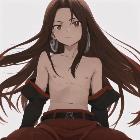 asakura hao brown hair, brown eyes, long hair star earrings cape white cape red pants red shoewear