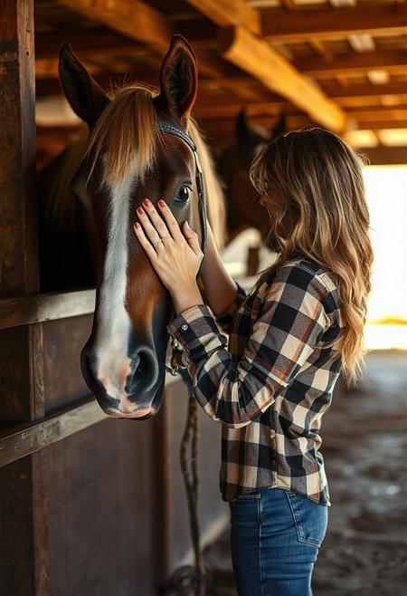 intimate stable scene: a woman brushing her  horse's neck, soft morning light. She's wearing a checked shirt and Levis and cowboy boots. playing off her profile — photorealistic, candid calm. close up on heads