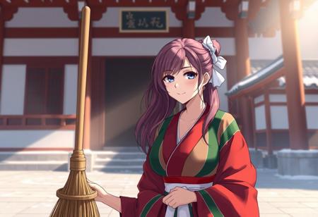 realistic style, 1 girl, Sanaé is with a broom in a japanease temple court. She looks peacefull and calm. the weather is clear but early winter atmosphere. she have a beautiful face and elegant figure.
(Sanaé : mature face, mature, women, adult women, milf, mommy, mature female, age:45, aged women, mature woman, long side pony tail hair, dark pink hair, gigantic chest, white scrunchie, red and green japanease shrine maiden robe, light shadows, light sunshine, early morning, vibes, light skin, deep bleu eyes, soft but elegant facial features, curvy body, peacefull expression )