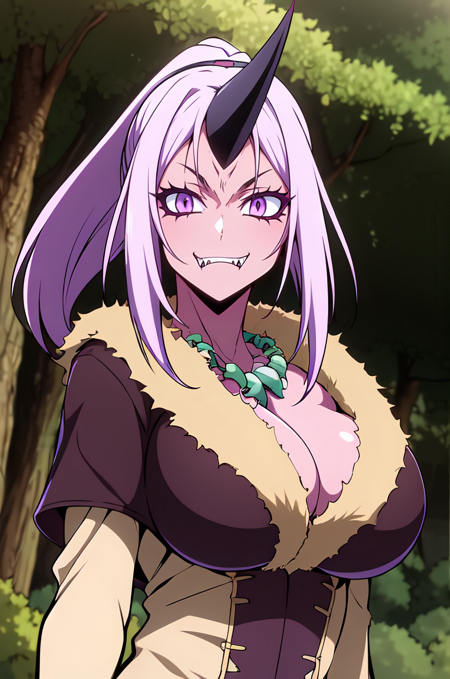 Shion, colored skin, single horn, large breasts, cleavage, magatama necklace, oni, ponytail, purple hair, purple eyes, purple nails, sharp fingernails, pink skin, white pants, (brown coat), fur trim, kurokote, black shin armor, brown shoes, fangs, smile, forest background