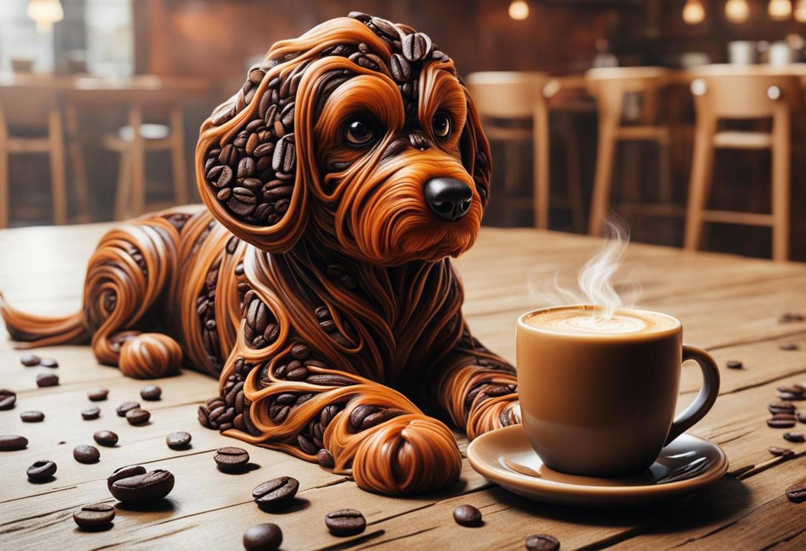A wooden table with a cup of coffee and a dog sculpture.