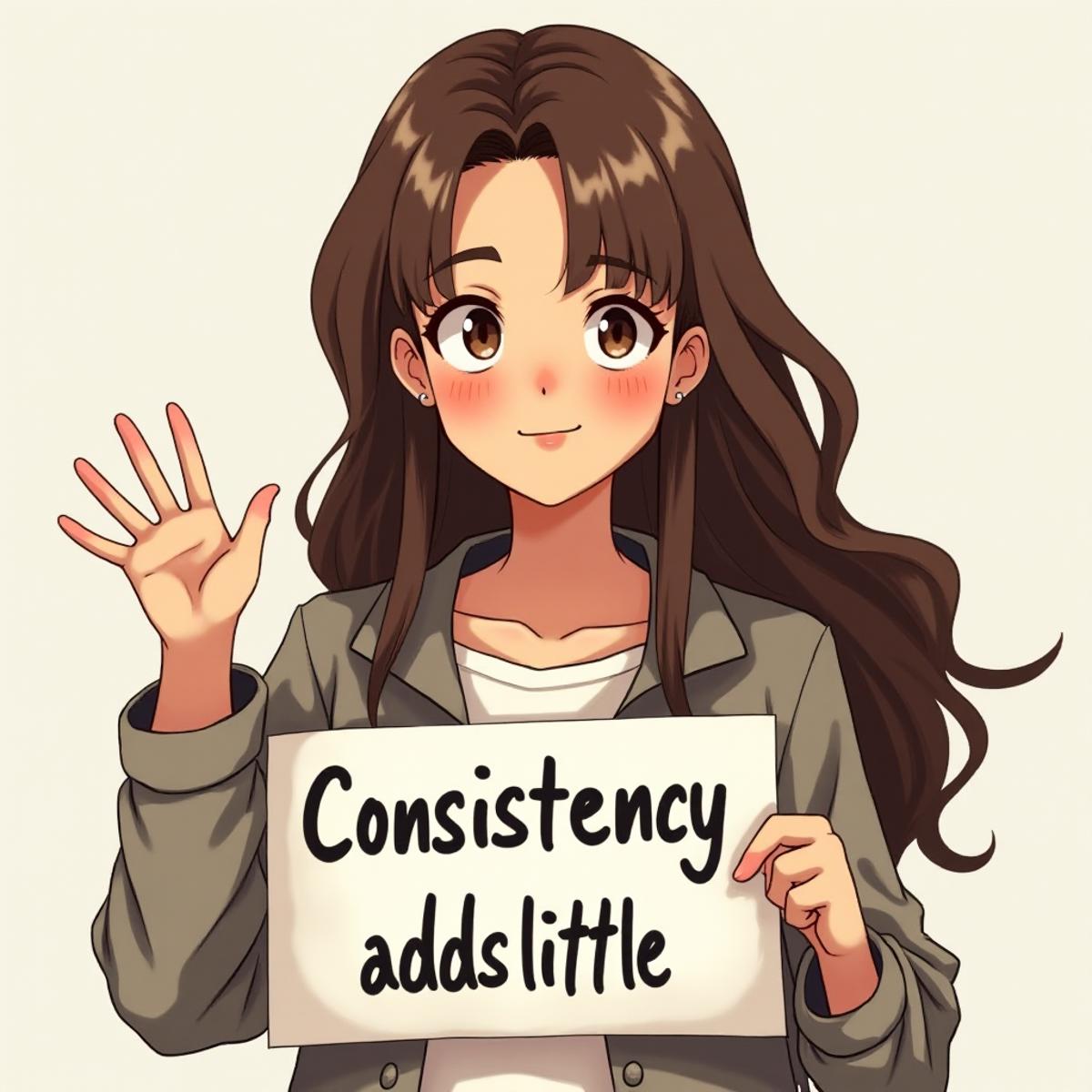 (1girl, mature female, portrait, long hair, brown hair, waving,:1.3) 

she is holding a sign with the text "Consistency adds little" 