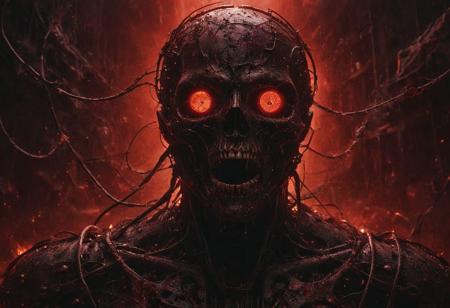 minimal, clean wire install, apocalypsecore virus, black plague intrigue, the last smile in red oil paint Wide range of colors., Dramatic,Dynamic,Cinematic,Sharp details Insane quality. Insane resolution. Insane details. Masterpiece. 32k resolution