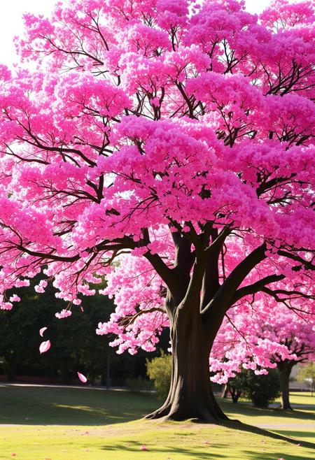 A majestic tree stands tall in the center of a serene landscape, its branches adorned with vibrant pink leaves shaped like delicate hearts. The soft breeze causes the heart-shaped leaves to flutter gently, creating a dreamy, romantic atmosphere. The tree’s sturdy trunk and gracefully extending branches contrast beautifully with the soft pink foliage. Sunlight filters through the canopy, casting a warm, rosy glow on the ground below. A few leaves drift through the air, adding to the enchanting and whimsical scene.