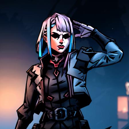 lucy \(cyberpunk\), 1girl, arm up, bangs, blue hair, colored tips, portrait, grey eyes, jacket, long sleeves, looking at viewer, medium hair, moon, multicolored hair, parted bangs, parted lips, pink hair, portrait, red eyeliner, red lips, solo, white jacket, cyberpunk \(series\), cyberpunk edgerunners, darkest dungeon<lora:NecroSketcherAlpha:0.8> <lora:lucyCyberpunk_35Epochs:0.6>