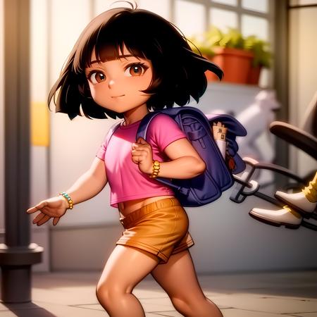 ((masterpiece, best quality)),(complex light), full body, solo, dora,  <lora:Dora_Explorer1-10:0.8>, pink shirt, shorts, bracelet,backpack,