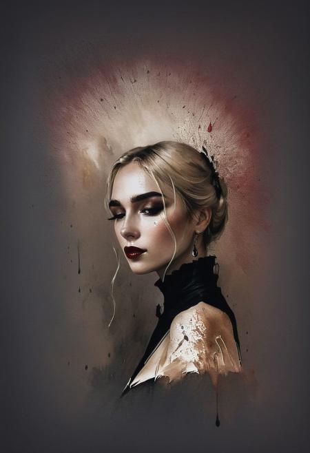 RAW profile photo, close-up, dark atmosphere, masterpiece, cinematic film still of a blonde beautiful woman, detailed eyes,eyeliner, darkred lipstick, black lace turtleneck dress, tack sharp focus on eyes, Sensual, lustful, seductive,  intricate, ultra detailed, 8k, <lora:MS_DitavT_V1_32:0.6>