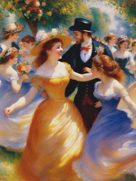 <lyco:Pierre-AugusteRenoir:1.0> a vibrant scene, by Pierre-Auguste Renoir, oil painting, impressionism, lively dance, radiant smiles, swirling dresses, warm light, cheerful colors, laughter and merriment, pure joy, lively energy