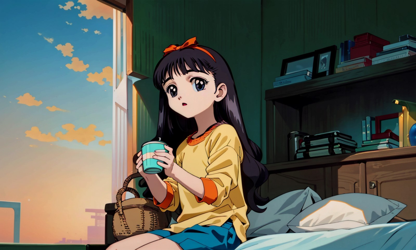 masterpiece, 1girl, (daidouji_tomoyo) with black eyes, wearing (casual clothes), drinking a cup of tea, bedroom, sitting
B...