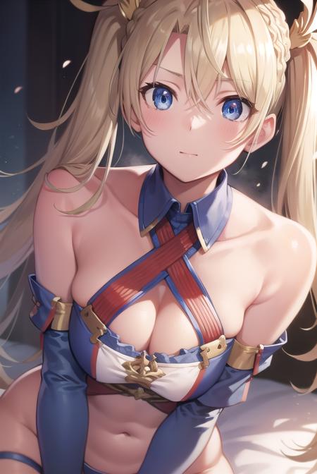 bradamante, blonde hair, blue eyes, braid, french braid, long hair, twintails, two side up, covered navel, elbow gloves, gloves, leotard, thigh strap,