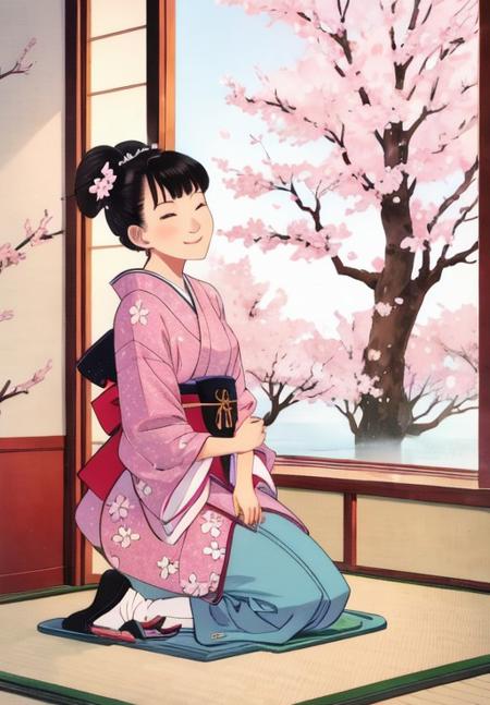 <lora:Shunga:1.0>, 1girl, solo, traditional japanse clothes, kneeling, smile, indoor, Cherry blossoms,