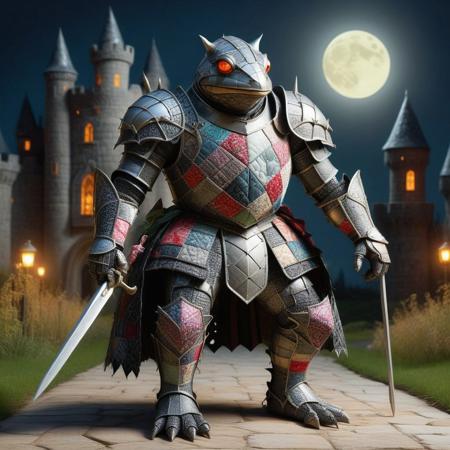 ptchkrawk, score_10 , score_9_up, score_8_up, score_7_up , score_6_up, a realistic armored knight made of patchwork fabric is riding a realistic frog, frog made of patchwork fabric, glowing eyes, armor made of patchwork fabric, night background, moon, eerie atmosphere, gothic, grim dark, fantasy art, medieval, detailed black and silver armor, eerie glow, full armor made of patchwork fabric, red glowing eyes, cape made of patchwork fabric, rocky ground, fantasy creature, patchwork fabric theme, fantasy setting, high contrast, detailed patchwork fabric textures, ominous, realistic lighting, haunting, eerie glow, medieval fantasy, gothic style, detailed rendering, fantasy character, patchwork fabric ambiance, eerie environment, fantasy creature, patchwork fabric armored knight, glowing eyes, riding a frog, knight over frog, realistic castle, castle made of patchwork fabric, castle background, smiling
