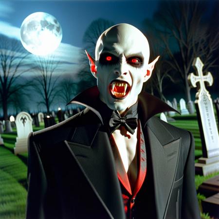 Vampyfangs1. a film still photo. 35mm. 4k. From a 2003 movie. A Nosferatu vampire man is showing off his fangs, he is walking around a graveyard. Night. Full moon. Red eyes. Bald. Pointy ears. Strigoi