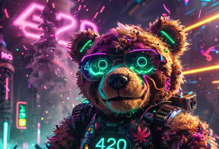 A closeup of a cyberpunk teddybear's face. The teddybear is looking shocked and is wearing sunglasses. Cannbis smoke emerges from its ears. In the background is a spiralling fractal neon cyberpunk explosion of light and electricity. The numbers "420" appear in the teddybear's sunglasses. The image has a colorful cyberpunk scifi aesthetic. Award winning photography in the style of National Geographic.