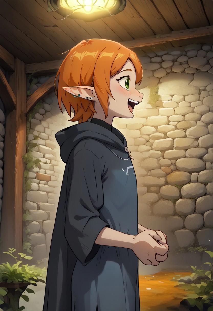 4byss, Lapanya, pointy ears, ((snout nose)), flat chest, ((3 fingers 1 thumb)), solo, Gwendolyn_Tennyson, short hair, orange hair, green eyes, blue tunic, dark blue cloak,dark blue leggings,
((Cheerful expression, laughing, side view)),
Dutch angle, detailed face, up close, 
Variety,
Medieval style,
((cavern background, wall hangings, organic chamber, soft light, moss on ceiling, luminous moss)), clean lines, perfect hands, smooth colors, sfw, source: anime, rating: pg, score: 8 up, score: 9