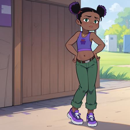 ((masterpiece, best quality)),solo,1girl,full body,  Trixie carter, dark-skinned female ,double bun, black hair, blue tank top, belt, purple shirt ,midriff,  <lora:TrixieCarter1:0.8>, green pants, purple sneakers