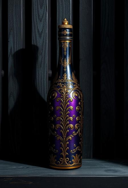 A Highly Detailed And Intricately Designed Purple And gold Bottle Surrounded By A Shadowy Black And Gray Weathered Shelf Background