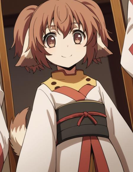 shinonon, short hair, brown hair, animal ears, brown eyes, dog ears, twintails, short twintails, tail, ainu clothes, long sleeves,