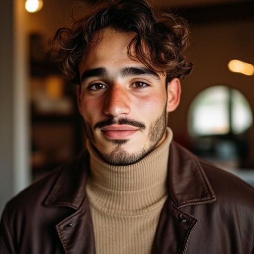 earthy appearance. His eyes are a warm, looking up at him. He has curly, ribbed-knit sweater, adding a subtle touch of elegance., cozy indoor environment. He has a light olive skin tone and curly, giving it a casual, with a slight smile, and is dressed in a stylish outfit. He wears a dark brown leather jacket over a light beige