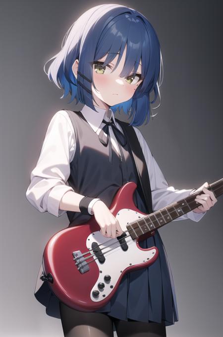 (masterpiece, best quality),1girl, solo, layered sleeves, skirt, instrument, white background, shirt, short over long sleeves, holding instrument, holding, simple background, white shirt, long sleeves, looking at viewer, short sleeves, guitar, ribbon, bass guitar, black skirt, neck ribbon, black ribbon, pleated skirt, closed mouth, electric guitar, collared shirt, sleeves past wrists, standing, eyes visible through hair, pantyhose, blush, black pantyhose, cowboy shot, music