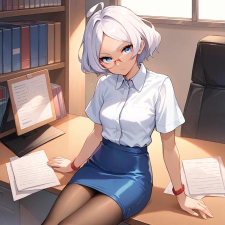 secelia dote, asticassia school uniform, dark skin, short hair, white hair, ahoge, blue eyes, green jacket, shoulder boards, halterneck, long sleeves, green shorts, white thighhighs,