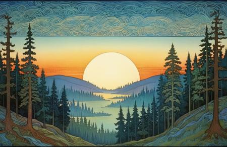 scene painting, gradient sky,forest, <lora:Ivan Bilibin Style:1>, Ivan Bilibin Style page,