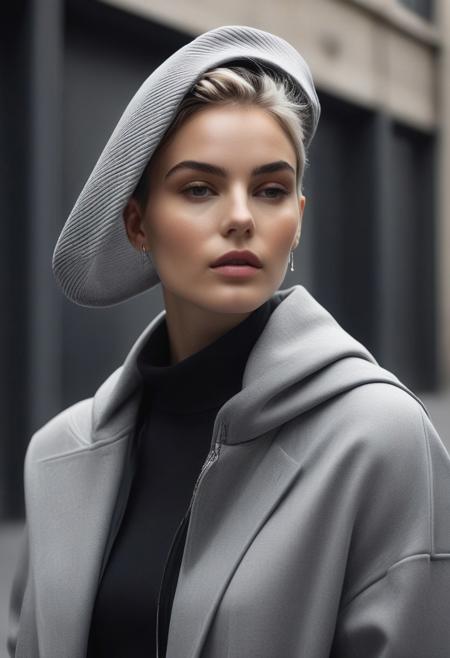 Parameters: 8k, hyper-realistic, cinematic quality, photorealistic, black-and-white photography, HDR, soft natural lighting, fine texture detail, editorial composition, urban casual atmosphere, matte finish.
Subject: Minimalist Grace, a female model with a short, tousled haircut wearing a graphic hoodie layered under an oversized tailored coat. She accessorizes with bold hoop earrings, her playful and candid expression captured as she adjusts her hood, exuding effortless charm and street-style sophistication.
Instructions: Create a black-and-white editorial portrait set in an urban street environment with a soft focus on the background. The composition should highlight the layers and textures of the outfit, blending casual and structured elements. Utilize natural, diffused lighting to emphasize the model’s joyful expression and the bold typography on the hoodie for a dynamic, relatable aesthetic.
Style Reference: Inspired by contemporary streetwear campaigns and urban fashion editorials, blending casual confidence with refined layering for a modern, approachable look.
Camera Settings: Canon EOS R5, 50mm f/1.8 lens, ISO 400, f/2.5 aperture, 1/250 shutter speed, natural soft lighting emphasizing details while maintaining a candid, authentic vibe.