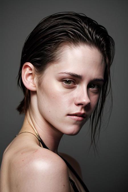 (CR-Kv1st1nStewart-slgmoon:0.99), full color portrait of woman, (oiled shiny skin:1.0), (face closeup:1), slick undercut hair,
masterpiece, best quality, sharp focus, 8k highres, ultra-detailed, rim light, (grey background:1.0),