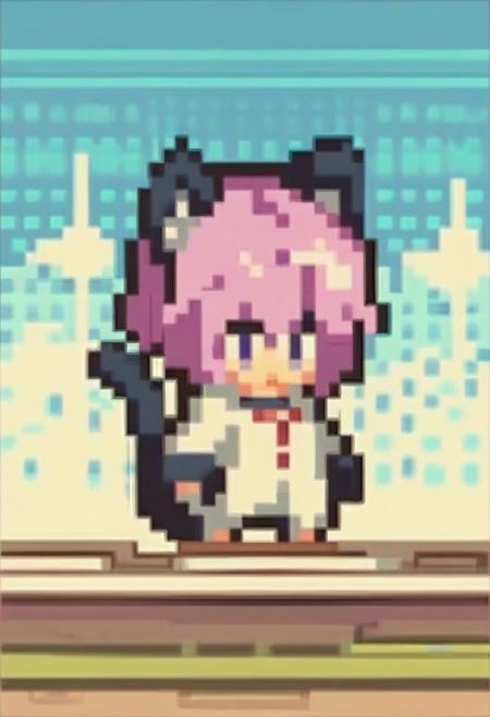 score_9, score_8_up, score_7_up, nia, cat girl, cat tail, chibi, pixel art, full body, outdoors, convenience store