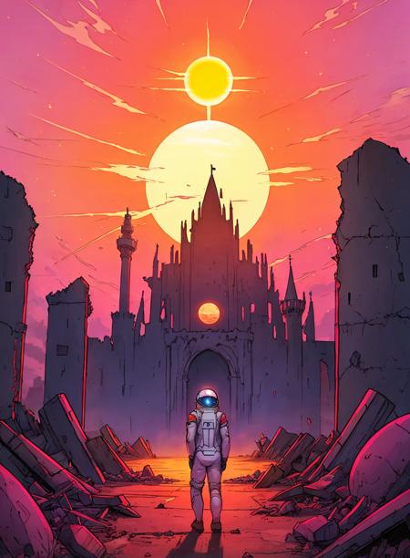 draw of a place,
mars, sun, pink sky, astronaut far,  ruins, castle
<lora:Ink_poster-000004:.6>,