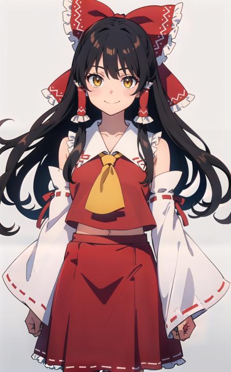 best quality,
anime screencap, (anime coloring:1.1), (white background, simple background,:1.2) , (standing, full body,:1.2)
1girl, solo,  
(hakurei reimu:1.2),  brown eyes, black hair, hair bow, hair intakes, hair tubes, long hair, sidelocks,  ascot, skirt, detached sleeves, frilled skirt, frills, red skirt, ribbon-trimmed sleeves, ribbon trim, yellow ascot,  red bow,  1girl, grey background, simple background, bow, closed mouth, gohei, holding, looking at viewer,  smile, solo