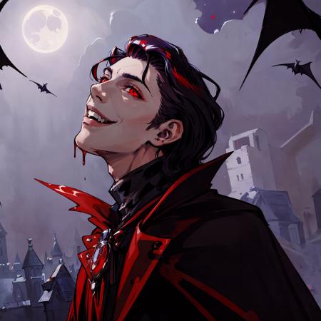 masterpiece,best quality,extreme detail,male vampire,cape,high collar,limited palette,(moonlight:1.2),(red eyes:0.9),blood drips,looking up,head tilted back,smile,swirling dark magic,magical aura,(unusual lighting:1.2),sleek hair,arrogant,particle effects,debris,bats,close up portrait,fangs,