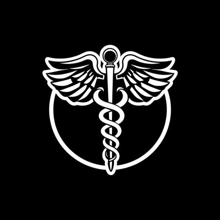 (stylized logo, emblem, vector art), (Caduceus), (solid colors, thick-linework), white outline, black background, 
Caduceus symbol white in the center, heraldic, black background, HDR, UHD,