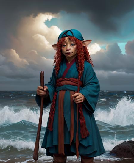 sifu, curly haired gelfling, upper body, teal robes, red hair, headband, rough sea, beach, dark clouds, headgear, big eyes, <lora:Gelfling_Clans_Dark_Crystal:1>