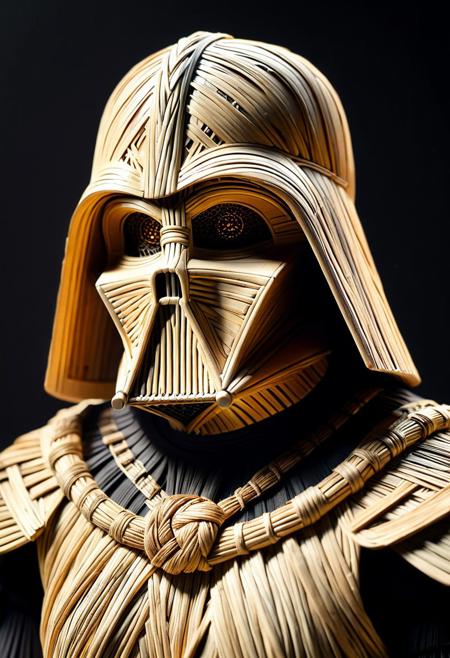 Darth Vader's helmet made entirely from intricately woven straw and natural fibers, iconic shape reimagined with braided and coiled straw, dark raffia used to sculpt the angular mask, woven lattice grille with symmetrical patterns, glowing ember-like eyes recessed into the straw structure, slightly burnt edges adding a scorched, ominous look, neck details made from looped reeds and knotted straw, ultra-detailed textures, cinematic lighting with dramatic shadows and golden highlights, handcrafted folk art meets sci-fi, magical realism, trending on ArtStation, 8k resolution, dark fantasy reinterpretation