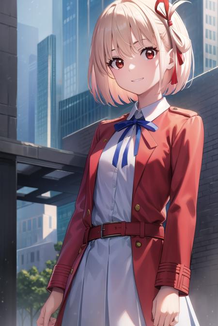 chisatonishikigi, <lyco:chisatonishikigi-lyco-nochekaiser:1>, 
nishikigi chisato, short hair, bangs, blonde hair, (red eyes:1.5), hair ribbon, one side up, bob cut, <lora:talkmouth_I_v100:1>,
BREAK shirt, long sleeves, dress, ribbon, white shirt, collared shirt, belt, neck ribbon, red dress, blue ribbon, pleated dress, grey dress, two-tone dress, red belt, lycoris uniform,
BREAK outdoors, city,
BREAK looking at viewer, (cowboy shot:1.5),
BREAK <lyco:GoodHands-beta2:1>, (masterpiece:1.2), best quality, high resolution, unity 8k wallpaper, (illustration:0.8), (beautiful detailed eyes:1.6), extremely detailed face, perfect lighting, extremely detailed CG, (perfect hands, perfect anatomy),