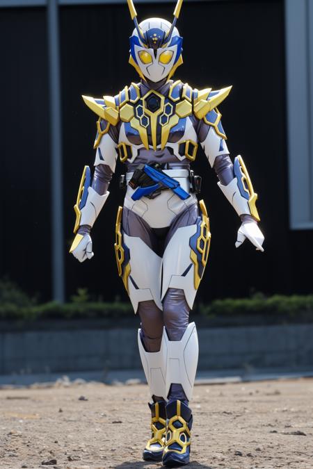 (masterpiece,best quality,4k,8k)kamen rider valkyrie LH, (1girl, solo, mature female,breasts), looking at viewer, standing, full body, yellow eyes, closed fist,armor, science fiction, tokusatsu, female focus, kamen rider,belt, <lora:kamen_rider_valkyrie_LH-09:0.7>