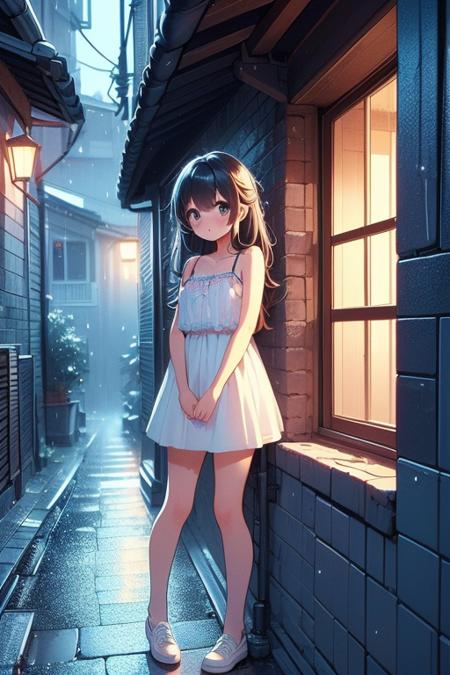 (((masterpiece))),  (((best quality))),  (((full body))),  (((2girl))),  (((side viewer girl standing on night alley at outdoors))),  ((wearing camisole)),  ((looking inside window)),  petite figure proportion,  white tile wall,  surprise,  curious,  ribbon,  big tits,  raining,<lora:EMS-260057-EMS:1.000000>