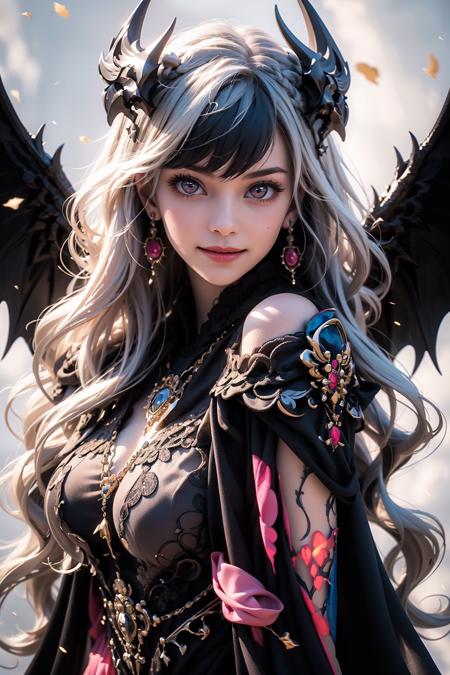 bj_Devil_angel,1girl,solo,long hair,breasts,looking at viewer,smile,dress,bare_shoulders,jewelry,closed_mouth,upper body,white hair,earrings,detached sleeves,wings,hand up,pink eyes,lips,wavy hair,ring,
cinematic lighting,strong contrast,high level of detail,Best quality,masterpiece,White background,<lora:Devil_angel-000018:0.7>