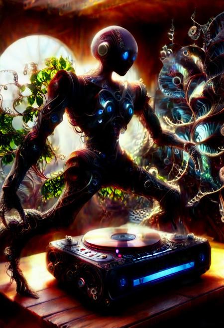 auralora, Fractangles, ral-frctlgmtry, fractal-flame, fractalex, fractalvines, PG-TR. A nostalgic scene: A (top brass black futuristic CD player robot, ballroom dance pose, playing the title roots4my_vine:1.5) sits atop a dusty wooden shelf, glowing from inside, motionblur, surrounded by stacks of worn-out jewel cases, each containing a prized collection of CDs. The warm glow of a retro lamp made from fractal vines casts a soft light on the cluttered space, as if illuminating the memories of a bygone era. In the foreground covered in fractal vines, a few select CDs are arranged in a deliberate pattern made of cd's made out of fractangles, like a fractal, symbolizing the beauty and complexity of the music that once filled these discs. Sharp details, looking at the viewer, good mood, cheerfulness, natural light, smooth details, one ray of light, (waves of music visible in the air:1.4)