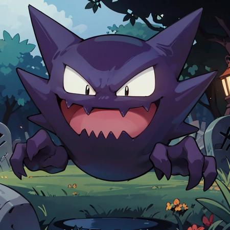 centered, award winning photo, (looking at viewer:1.2), | evil grin, Haunter_Pokemon, floating,  no humans, pokemon \(creature\),  | graveyard, orange theme, bokeh, depth of field, cinematic composition, | <lora:Haunter_Pokemon_Anime:0.8>