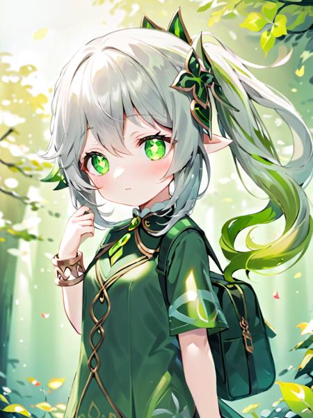 (best quality),((masterpiece)),(highres),original,extremely detailed 8K wallpaper,(an extremely delicate and beautiful),anime,<lora:Nahida_xl:0.8>,(\na xi tan\),masterpiece, best quality, 1girl, green eyes, pointy ears, school uniform, side ponytail, alternate costume, solo, skirt, bag, necktie, multicolored hair, hair ornament, looking at viewer, blush, plaid skirt, school bag, plaid, symbol-shaped pupils, white hair, short sleeves, green hair, bracelet, shirt, gradient hair, long hair, charm (object), bag charm, cross-shaped pupils, bangs, contemporary, braid, hair between eyes, grey hair, sidelocks, jewelry, pleated skirt, green skirt, white shirt, green necktie, collared shirt,, masterpiece, best quality,